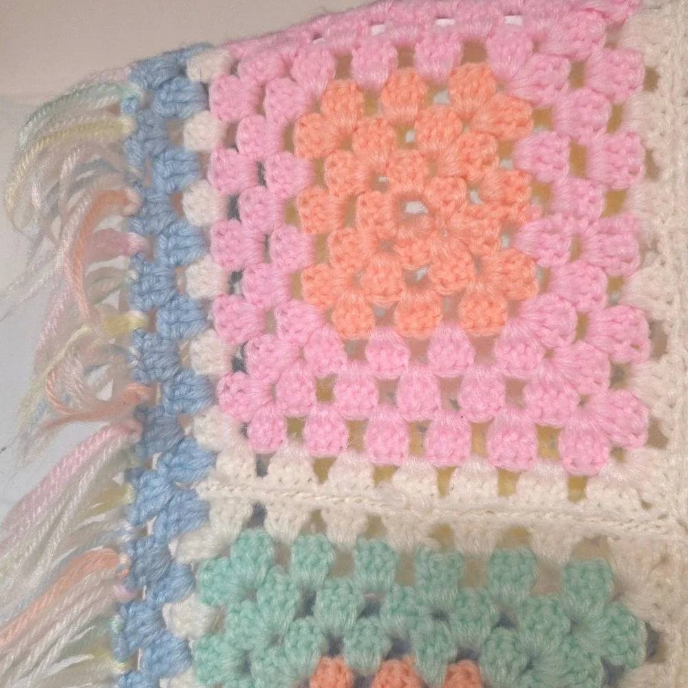 Handmade Bright Multi Color Crochet Granny Square Baby‎ Blanket Fringed Afghan
